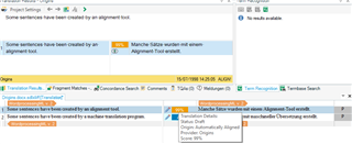 Screenshot of Trados Studio showing Translation Results with a segment created by an alignment tool, marked as 'Alignment Tool result' with a draft status and 1% alignment penalty.