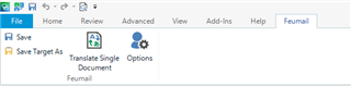 Trados Studio screenshot showing the 'Advanced' tab inserted at the far left of the ribbon next to the 'File' tab.