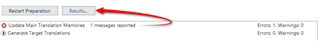 Trados Studio screenshot showing an error message '1 message reported' in the Results tab under Batch Preparation with a red arrow pointing towards it.