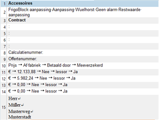 Screenshot of Trados Studio showing a text document with a list of items including 'Accessoires', 'Contract', and 'Calculatienummer'. No visible errors or warnings.
