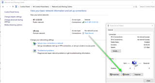Windows Control Panel Network and Sharing Center showing options to change adapter settings with an arrow pointing to the VPN connection to be turned off.