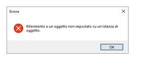 Error dialog box in Trados Studio with a message in Italian that translates to 'Reference to an object not set to an instance of an object.' with an OK button.