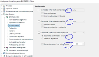 Screenshot of SDL Trados Studio 2021 showing the 'Configuration of project' window with 'Punctuation' section corrected.