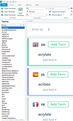 Screenshot of Trados Studio showing a term entry with translations in English, Spanish, and French, with the 'Add Term' button visible for each language.
