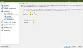 Trados Studio File Options window with Match Repair setting turned off.