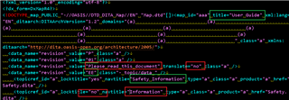 Screenshot of XML code with highlighted sections showing 'translate=no' and 'locktitle=no' attributes in a ditamap file.