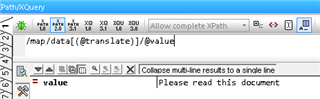 XPathXQuery window in XMLSpy with an XPath expression 'mapdata@translate='no'value' and the result showing the text 'Please read this document'.