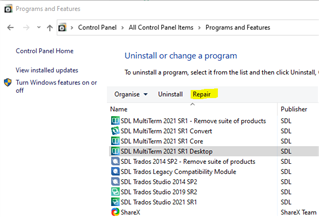 Control Panel window with the 'Repair' option highlighted for SDL Trados Studio 2021 SR1 in the list of installed programs.