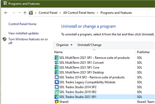 Control Panel window showing a list of installed programs including SDL Trados Studio 2021 SR1 and SDL MultiTerm 2021 SR1.