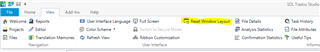 Trados Studio ribbon menu with the 'Reset Window Layout' option highlighted in the View tab.