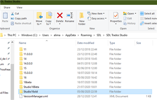 Windows Explorer window showing the SDL Trados Studio settings folder with a renamed folder 'Studio16old'.