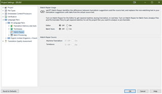 Trados Studio Project Settings window showing Match Repair section with options for Match Repair, Match Source, and Translation. Fragment Matching is turned off.