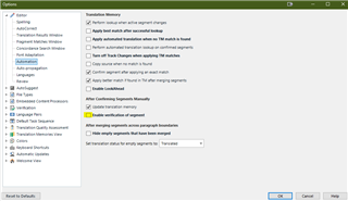 Trados Studio Options menu with Translation Memory and Automated Translation section open, showing various settings that can be enabled or disabled to streamline software performance.