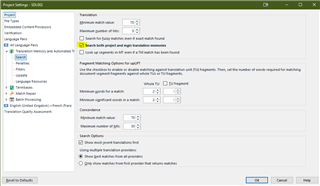 Trados Studio project settings showing options for translation memory and automated translation with the 'Update' box unchecked.