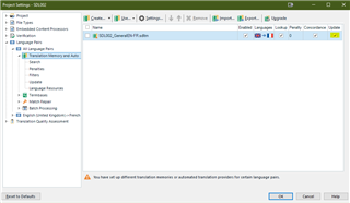 Trados Studio project settings window with an error message stating no translation memories or automated translation providers for certain language pairs.