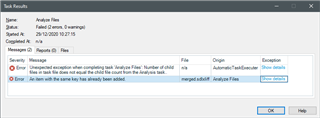 Trados Studio error message displaying 'Unexpected exception when completing task Analyze Files' and 'An item with the same key has already been added'.
