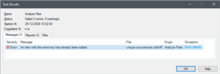 Trados Studio error message showing 'An item with the same key has already been added' during analysis of unique occurrences filtered XLIFF file.