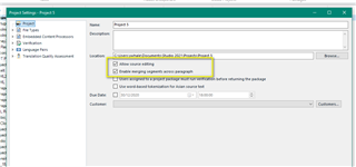 Trados Studio Project Settings window showing options with a warning message 'Some mandatory settings are missing: Project name'.