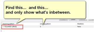 Trados Studio custom filetype rule dialog box with a regex pattern entered in the 'Opening pattern' field.
