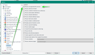 Trados Studio screenshot showing the File Options menu with FileTypes selected. The 'Process unsupported file versions' option is highlighted with a green arrow pointing to it.