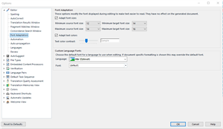 Trados Studio File Options Editor showing Font Adaptation settings with options to adjust source and target font size, color, and underlining.