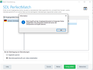 Error message in Trados Studio stating 'Beim Zugriff auf das Vorgangselement ist folgender Fehler aufgetreten. Die Zeichenkette stimmt nicht mit der Zeichenfolge im Projekt ueberein.' with an OK button.
