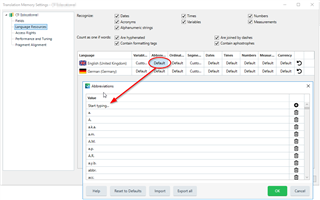 Trados Studio Translation Memory Settings window with an error message indicating 'Duplicate entry' for the abbreviation 'Greta MagyarYou'.