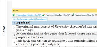 Trados Studio editor screen showing a document titled 'Preface.docx' with English to Spanish translation results.