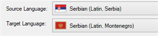 Dropdown menus showing source language as Serbian (Latin, Serbia) and target language as Serbian (Latin, Montenegro).
