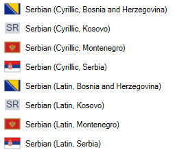 List of Serbian language options in Trados Studio with flags, including Cyrillic and Latin variations for Bosnia and Herzegovina, Kosovo, Montenegro, and Serbia.