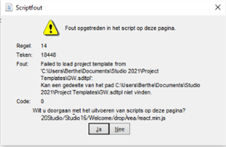 Error message in Trados Studio indicating 'Failed to load project template' with a file path pointing to a previous PC user directory.
