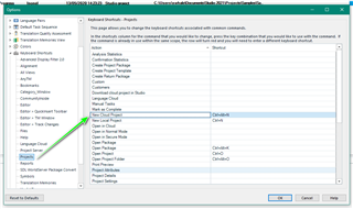 Trados Studio Options window showing the Shortcuts tab with a list of commands. A green arrow points to 'New Cloud Project' with the shortcut CTRL+ALT+N highlighted.