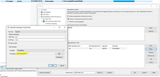 Trados Studio dialog box for 'Tag Rules' with 'Tag Definitions' section open, showing a user-defined tag expression with the text color set to red, but the Preview File not reflecting the changes.