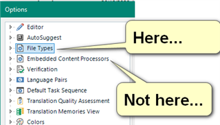 Screenshot of Trados Studio options menu highlighting 'File Types' with a 'Here...' label and 'Embedded Content Processors' with a 'Not here...' label indicating the correct setting location.
