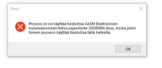 Error dialog box in Trados Studio stating 'Process cannot access the file AASM Electronics consumption data analysis 20200904.doc because it is being used by another process.' with an OK button.