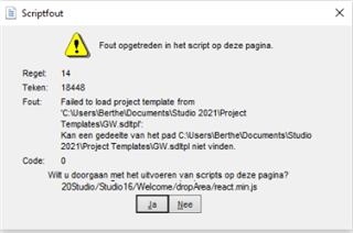 Error message in Trados Studio scriptout window stating 'Failed to load project template from C:UsersBertheDocumentsStudio 2021Project TemplatesGW.sdltpl' with options to continue or stop script execution.