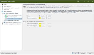 Trados Studio Project Settings window showing options for translation memory and automated translation with LookAhead and segment verification disabled.