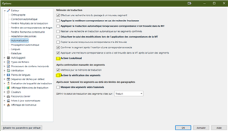 Trados Studio Options menu with File>Options path highlighted, showing various settings including LookAhead and segment verification as disabled.