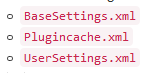 Close-up of three XML files named BaseSettings.xml, Plugincache.xml, and UserSettings.xml.