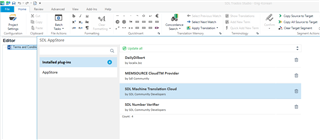 Trados Studio app store with installed plugins including SDL Machine Translation Cloud, no errors displayed.