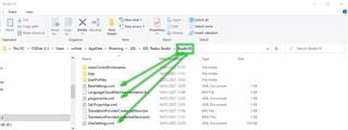Trados Studio file path with arrows pointing to 'BaseSettings.xml' and 'UserSettings.xml' files for renaming.