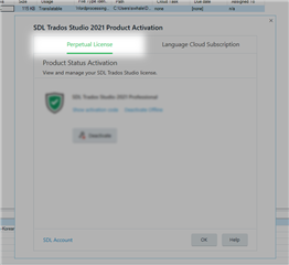 Trados Studio 2021 Product Activation window showing successful activation with green checkmark and 'SDL Trados Studio 2021 Professional' listed.