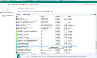 Control Panel's 'Uninstall or change a program' window with Trados Studio highlighted and the 'UninstallChange' option visible.