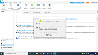 Trados Studio error message popup saying 'An error has occurred in the script on this page.' with options to continue running scripts or not.