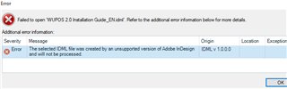 Error message in Trados Studio stating 'Failed to open WLI25.Q2 Installation Guide. IDML' with details about the file being unsupported.