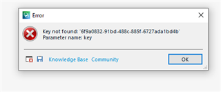 Error dialog box in Trados Studio with a red cross icon, displaying 'Key not found: xxxxxxxx-xxxx-xxxx-xxxx-xxxxxxxxxxxx' and 'Parameter name: key'. Buttons for Knowledge Base and Community are visible.