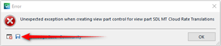 Error dialog box in Trados Studio with a message 'Unexpected exception when creating view part control for view part SDL MT Cloud Rate Translations' and an 'OK' button.