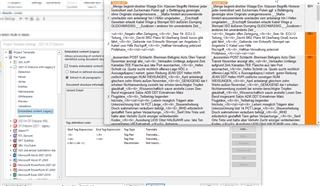 Trados Studio interface showing a warning message about the legacy embedded content processor not recognizing custom contexts in an XML file type setup.