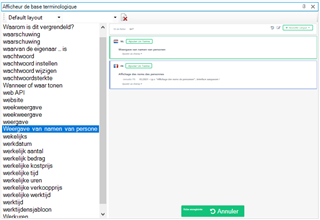 Screenshot of Trados Studio's Termbase Viewer with a warning message indicating 'Error in term addition' and the font size in the right panel significantly reduced.