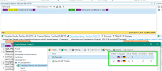 Trados Studio screenshot showing project settings with two Translation Memories (TM's) listed. Both TM's have 'Enabled', 'Lookup', 'Concordance', and 'Update' options checked.